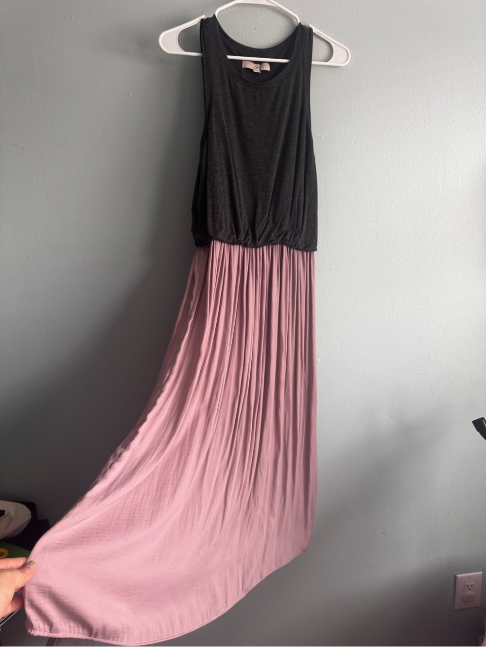 LOFT Black Tank Bodice Maxi Dress with Dusty Pink Pleated Skirt